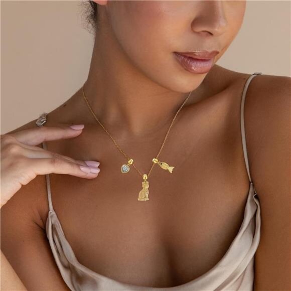 🐾 Charming Cat Pendant Necklace – Gold or Silver Tone | Kitty + Crystal Heart - Picture 3 of 5